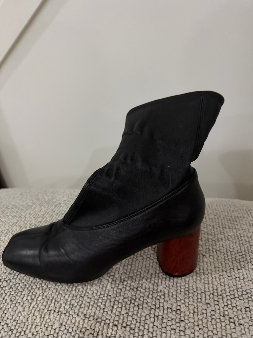 Helmut Lang Black Leather Ankle Boot with Brown Block Heel
